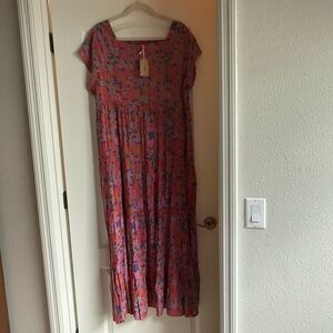 NATURAL LIFE Red and Pink Square Neck Maxi Dress